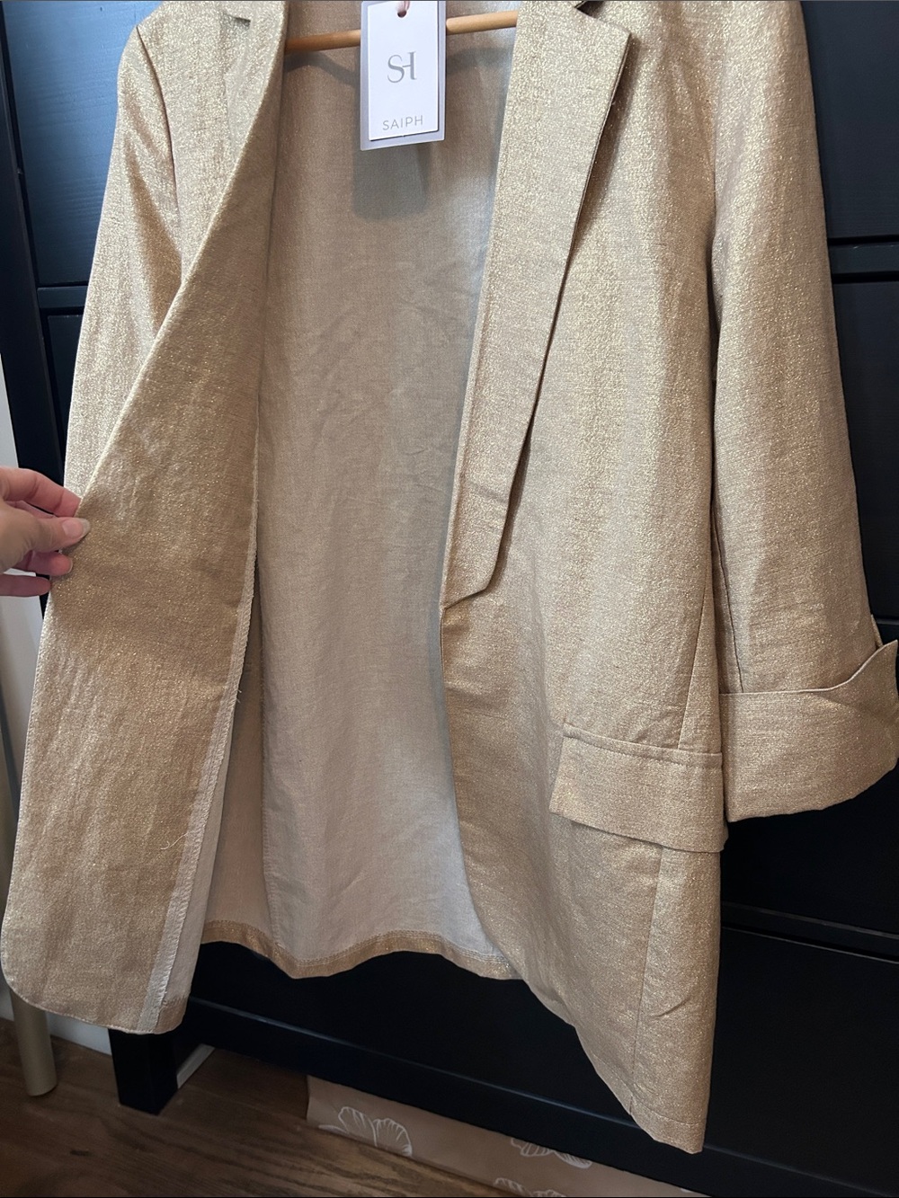 Gold Sparkle Open-Front Linen Blend Blazer Made in Italy - Picture 10 of 12